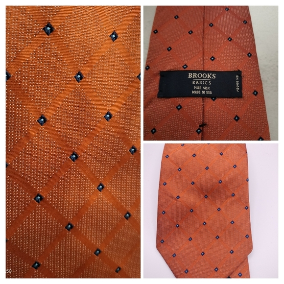 Brooks Basics Orange Tie with Blue Diamond Pattern Silk Necktie Formal Business - Picture 1 of 9